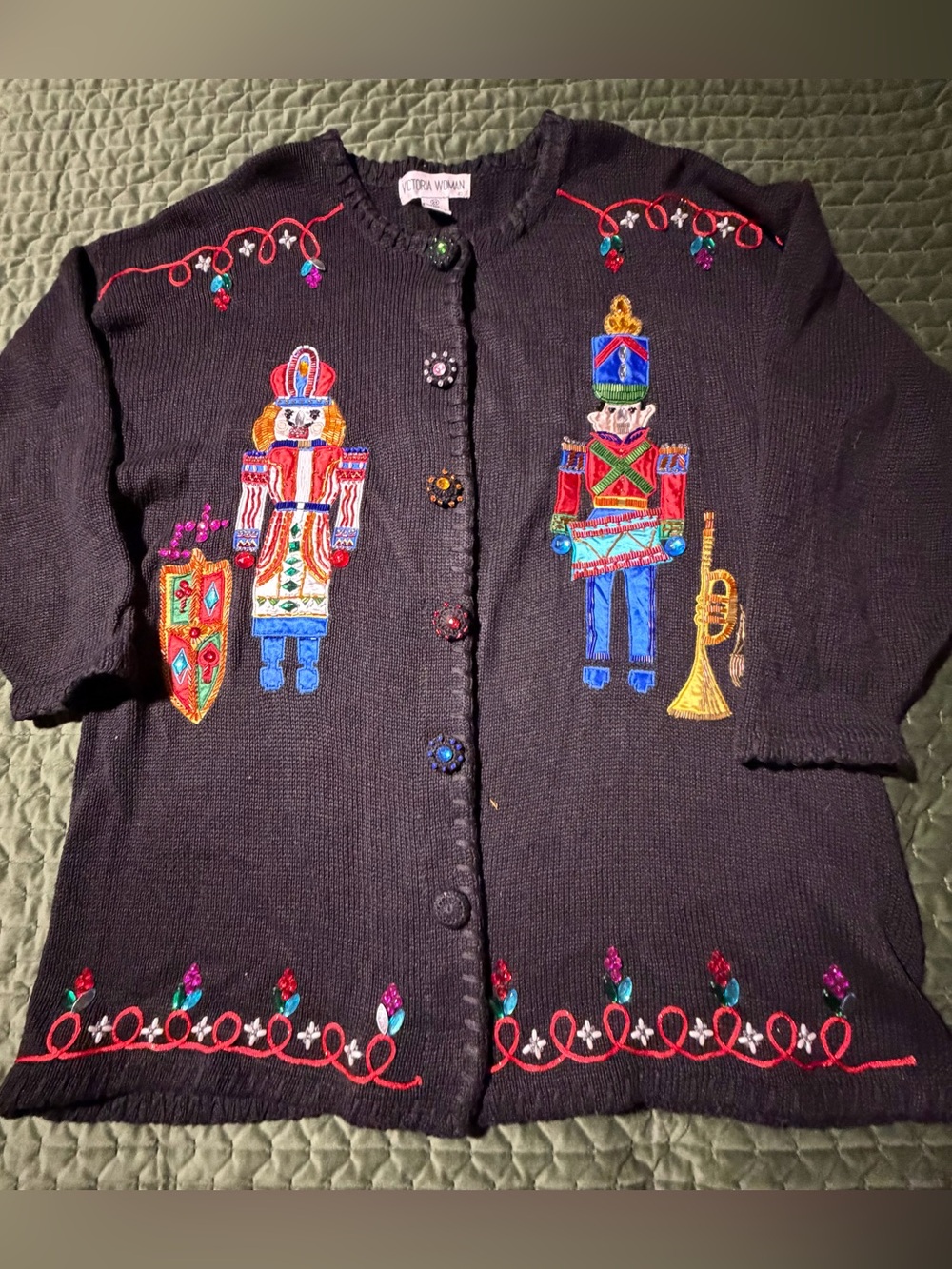 Victoria Woman vintage black holiday cardigan embroidered beaded nutcracker 2X